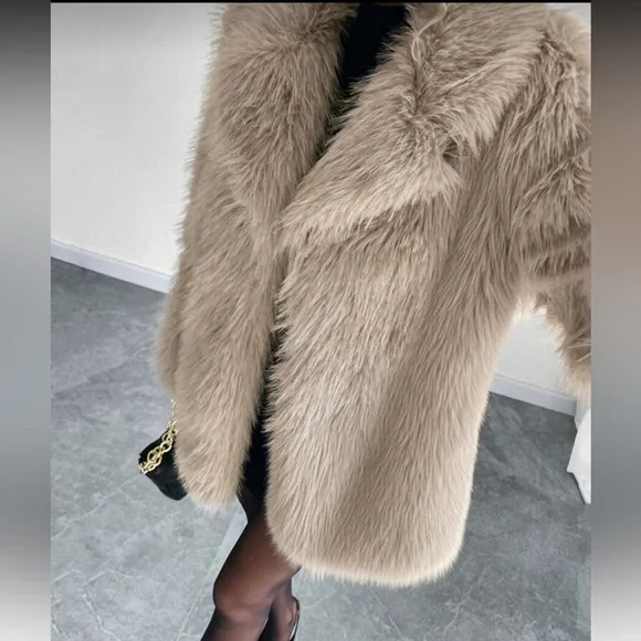 LAST CHANCE ❤️ Luxury faux fur coat lapel collar jacket tan brown - Picture 5 of 5